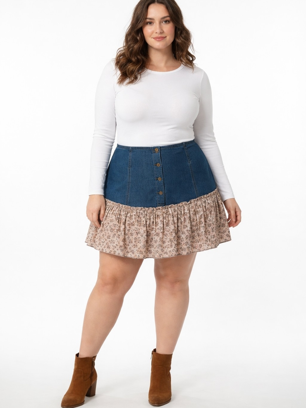 Denim Panel Mini Skirt with Floral Ruffle - Blue and Beige